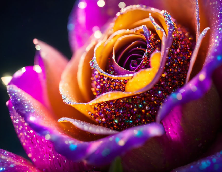 Vibrant purple and orange rose with glittering water droplets