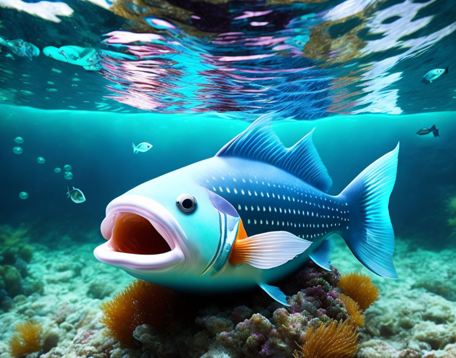 Colorful Blue Fish Swimming Above Coral Reef in Clear Water