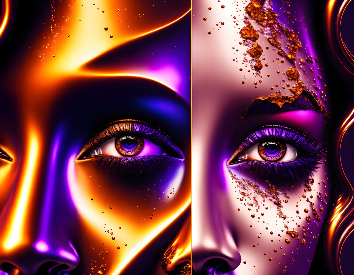 Vibrant Purple and Orange Abstract Human Eyes Artwork