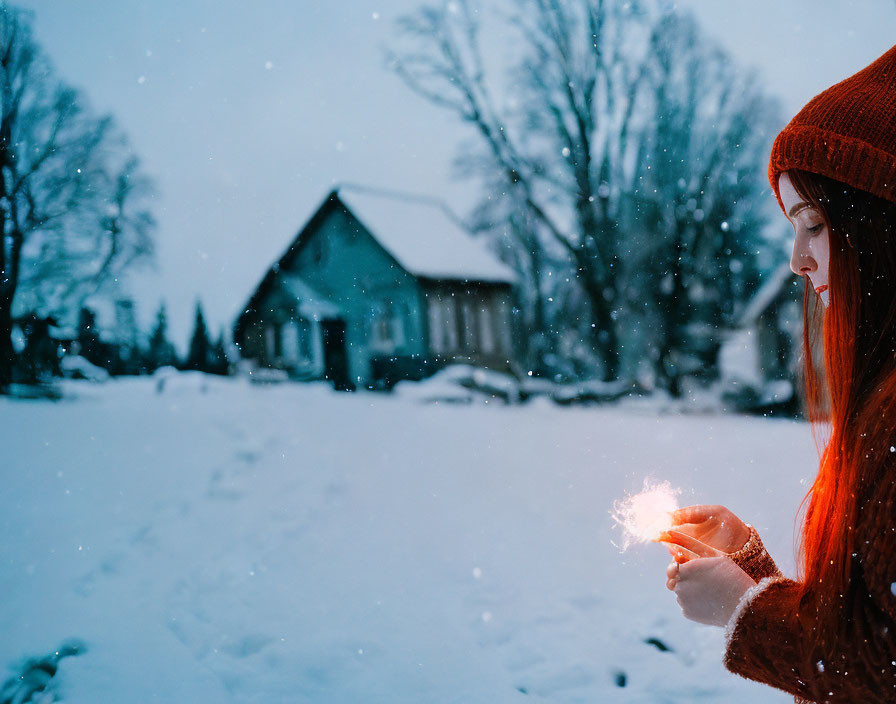 Person in Red Beanie with Sparkler in Snowy Landscape