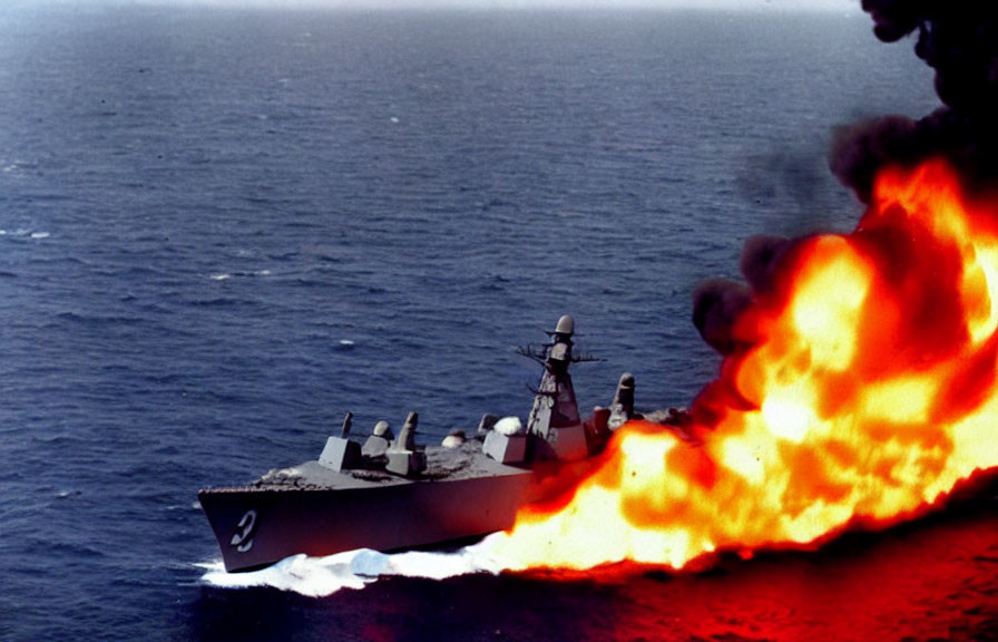 Battleship at sea fires front cannon, creating fireball & smoke