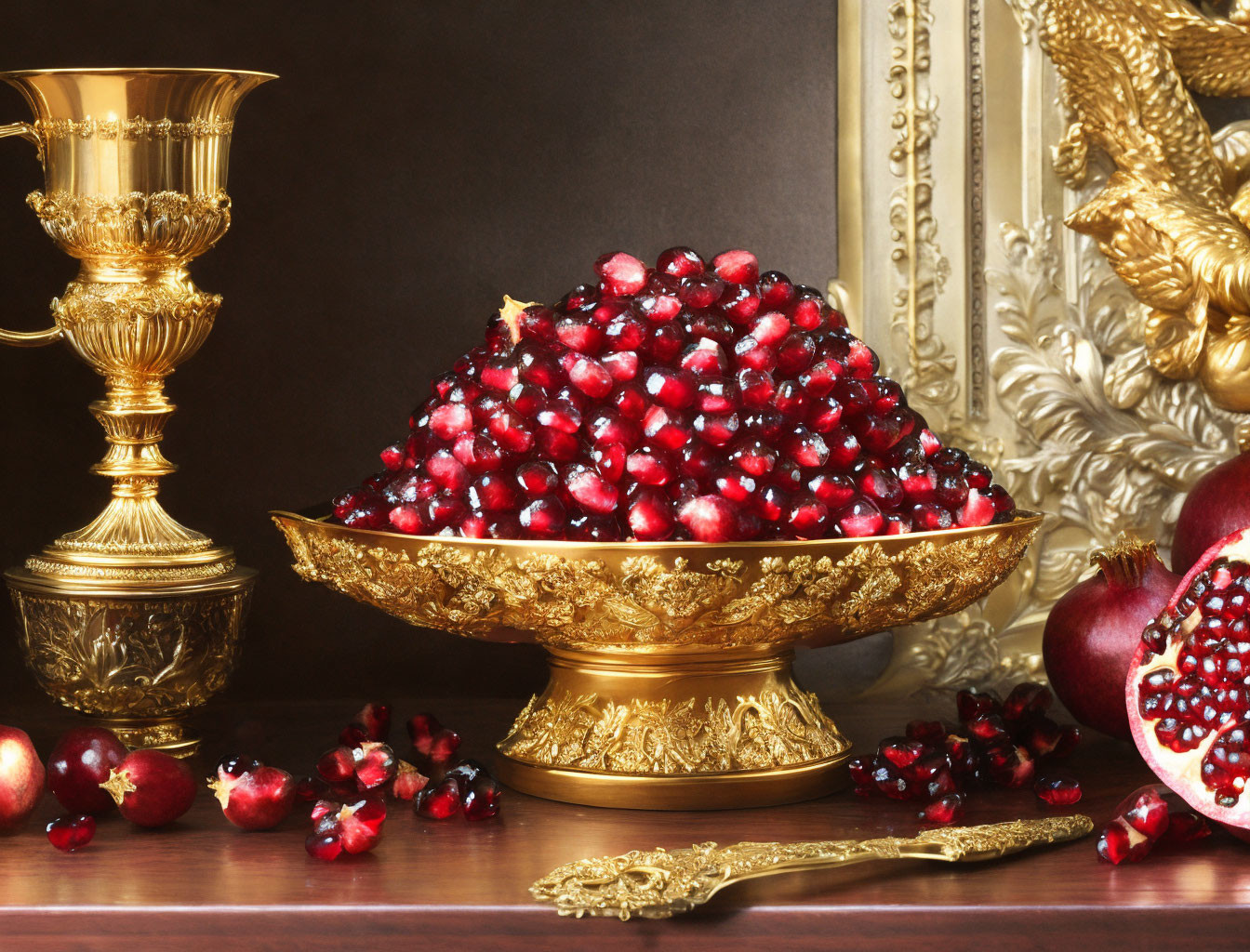 Golden bowl with pomegranate seeds, cup, and spoon on table