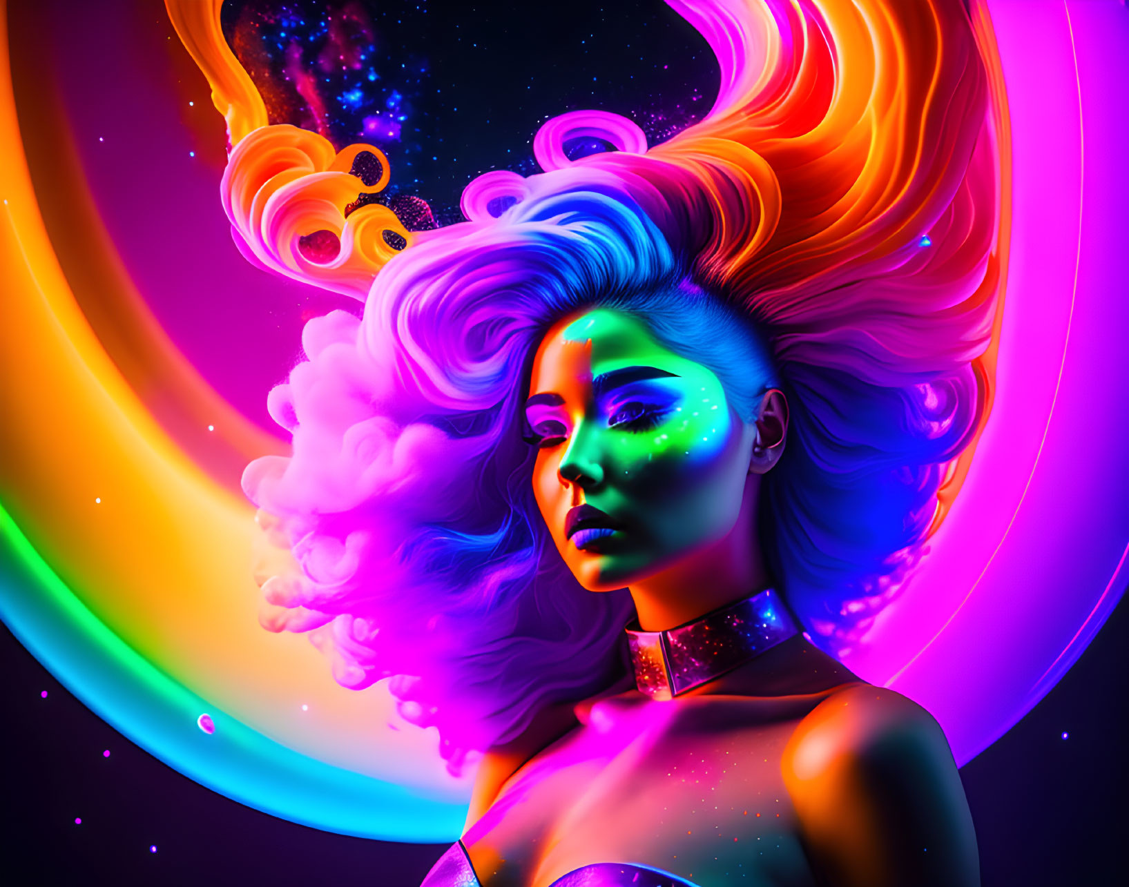 Colorful digital artwork: Woman with neon hair in cosmic scene