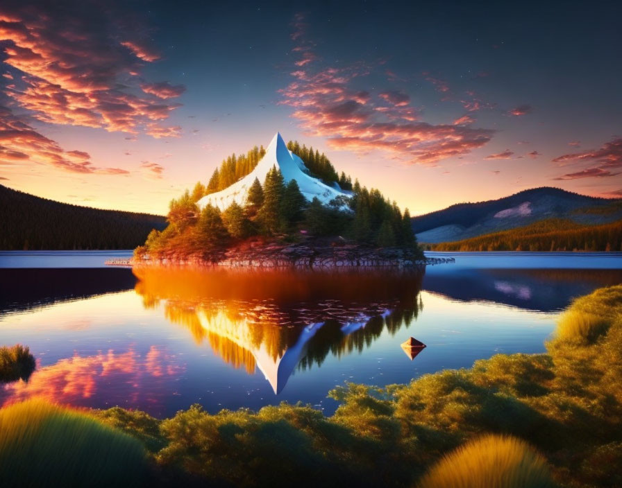 Scenic sunset over tranquil lake with mountainous island