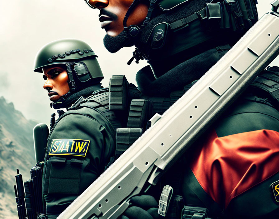 Two people in tactical gear with helmets and vests, one holding a gun.