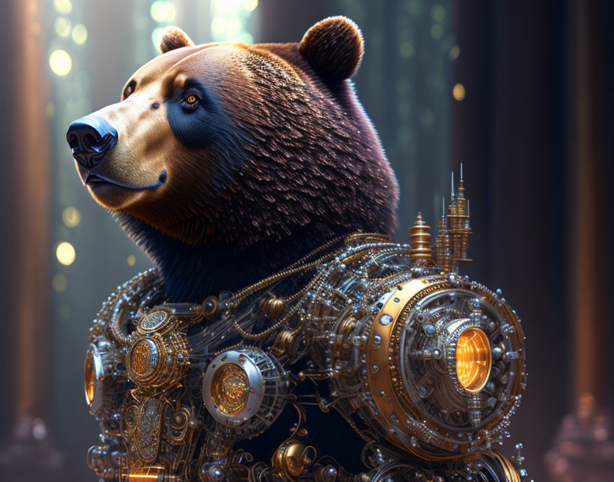 Bear head merged with mechanical body on bokeh background