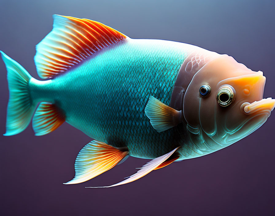 Colorful digital illustration of fish with blue scales and orange fins on purple backdrop