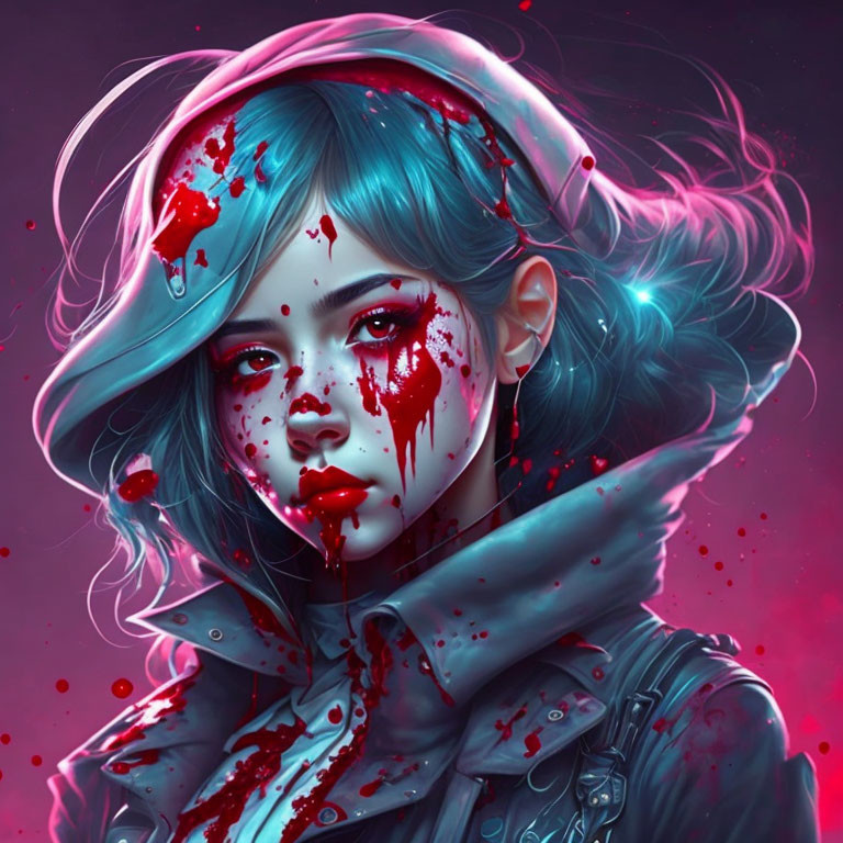 Surreal blue-haired girl with red splashes: intense illustration