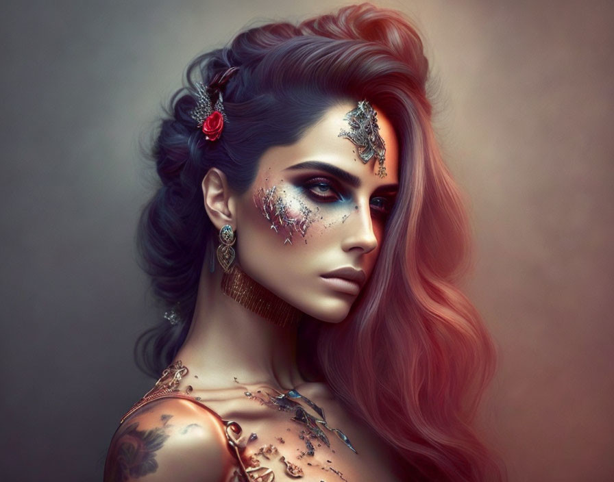 Woman with Voluminous Ombre Hair, Glitter Makeup, and Tattoos Gazes Aside