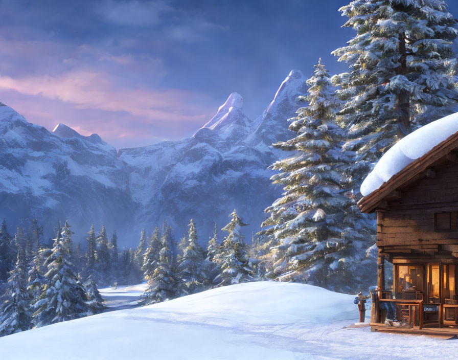 Snowy forest cabin surrounded by lit windows & pine trees at dusk