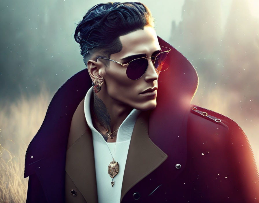 Fashionable man with slicked-back hair and sunglasses in digital illustration