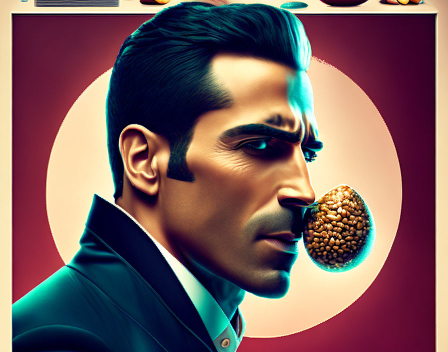 Stylized man in suit eating cookie on colorful backdrop