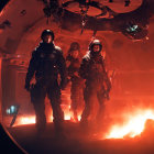 Futuristic armored individuals in fiery spacecraft wreckage