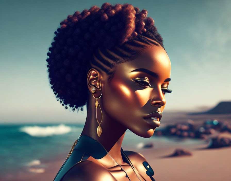 Digital art portrait of a woman with stylized braids and golden skin on a beach.