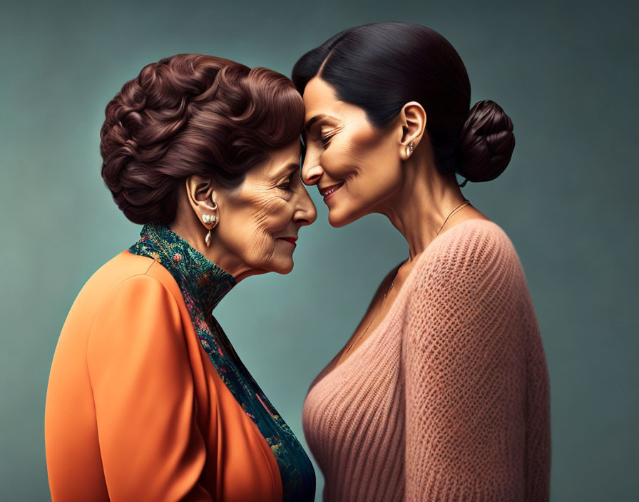 Two women touching foreheads in serene moment.