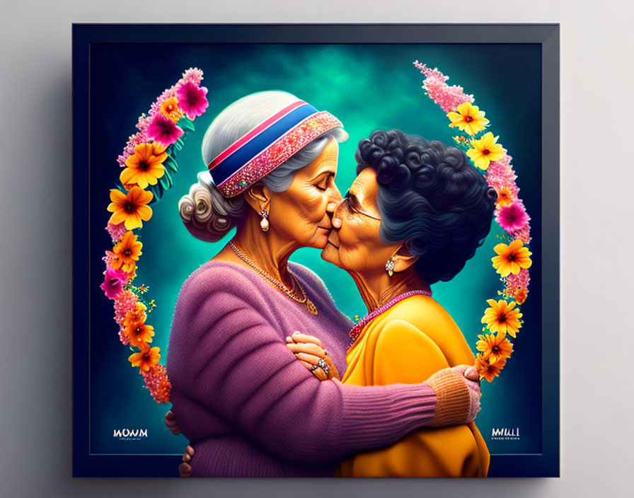 Elderly women embracing in floral frame on canvas