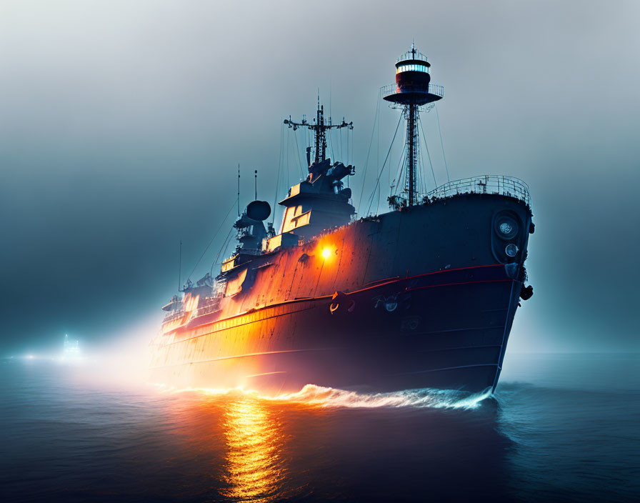 Naval ship sailing through foggy waters at dusk near lighthouse