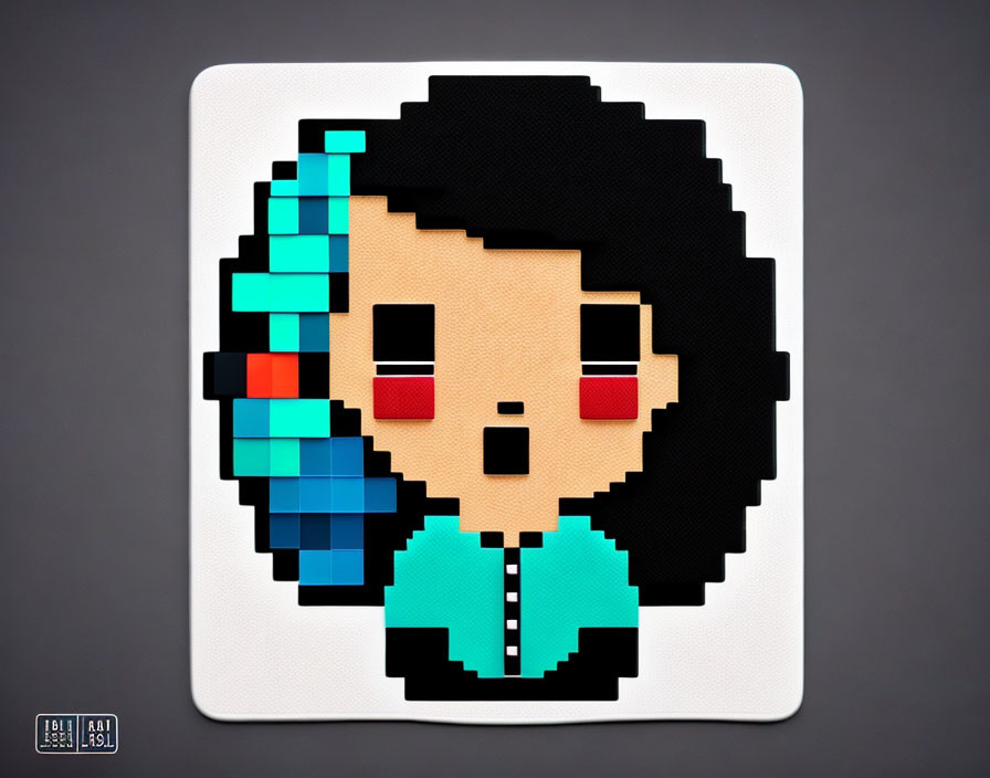 Character Pixel Art: Black Hair, Red Cheeks, Teal Outfit on White Background