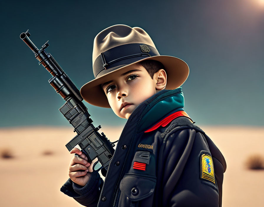 Young Boy in Fedora and Scout Uniform Poses with Rifle in Desert