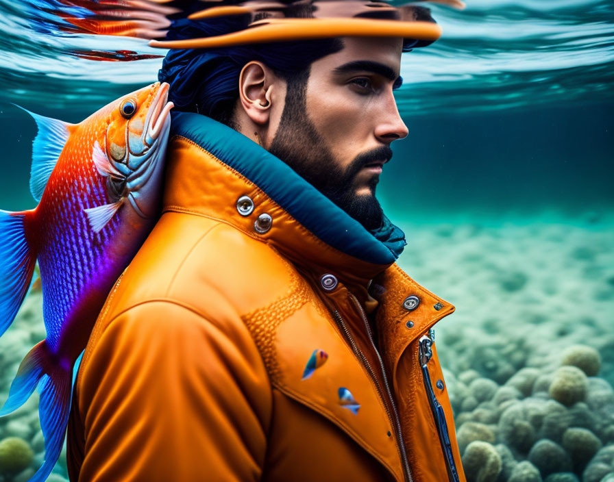 Man in Orange Jacket Underwater with Colorful Fish Swimming Above