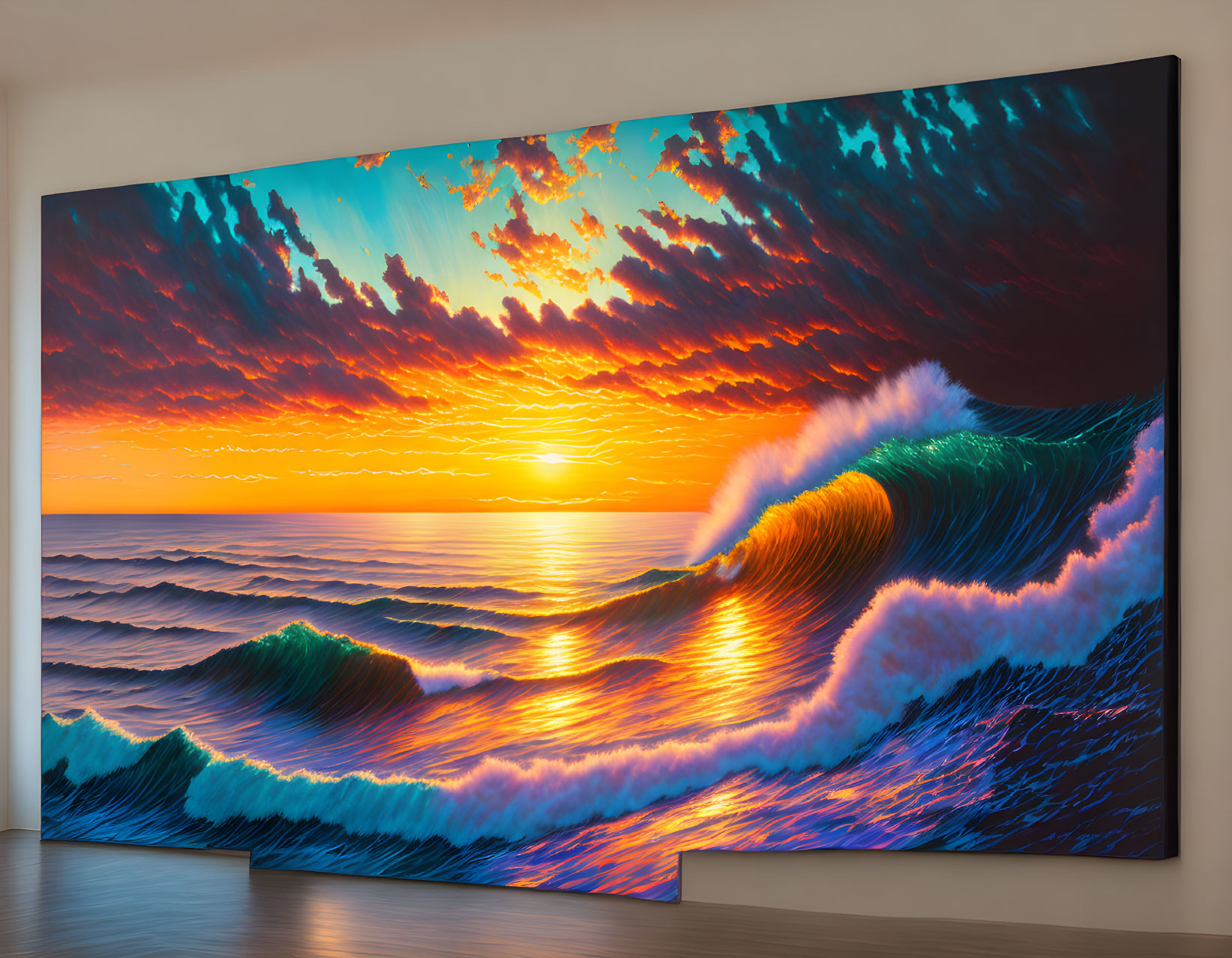 Vibrant ocean sunset wall art with cresting waves