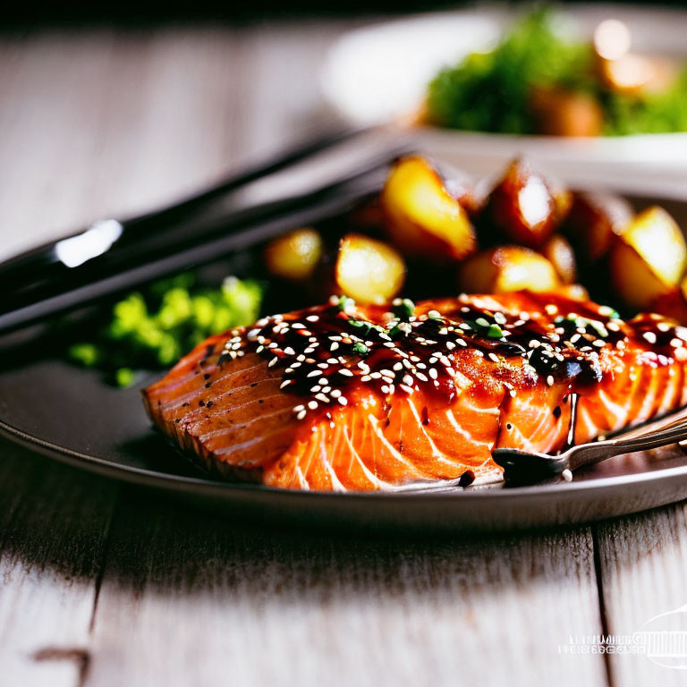 Grilled Salmon with Sesame Seeds, Roasted Potatoes, and Parsley on Dark Plate