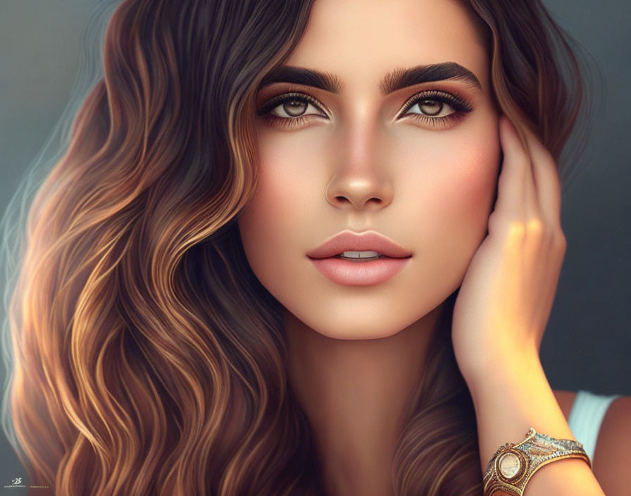 Portrait of a woman with wavy brown hair and green eyes showcasing a bracelet