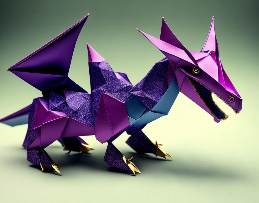 Vibrant Purple Origami Dragon on Soft Green Background