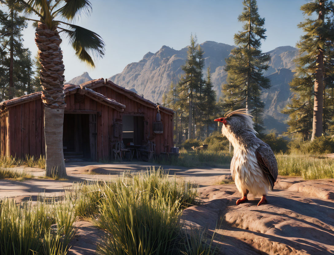 Kookaburra on rock near wooden huts, palm trees, mountains - serene natural landscape