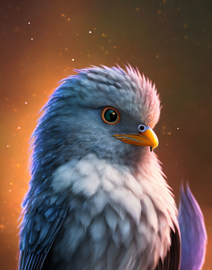 Detailed digital art of bird with blue-grey head, green eyes, and yellow beak on warm amber