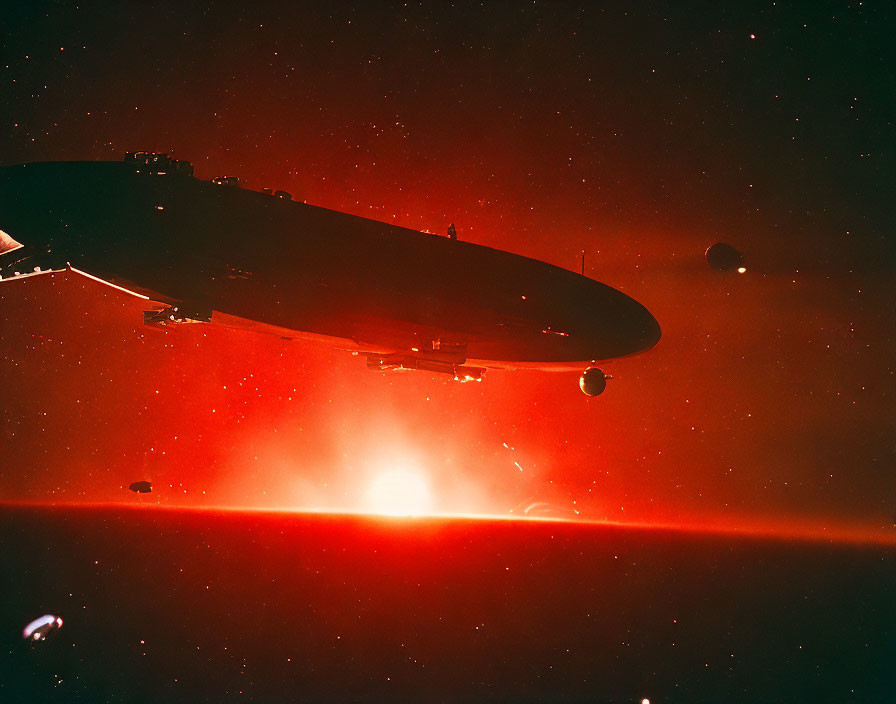 Spacecraft hovering above bright red nebula with stars and orbital bodies