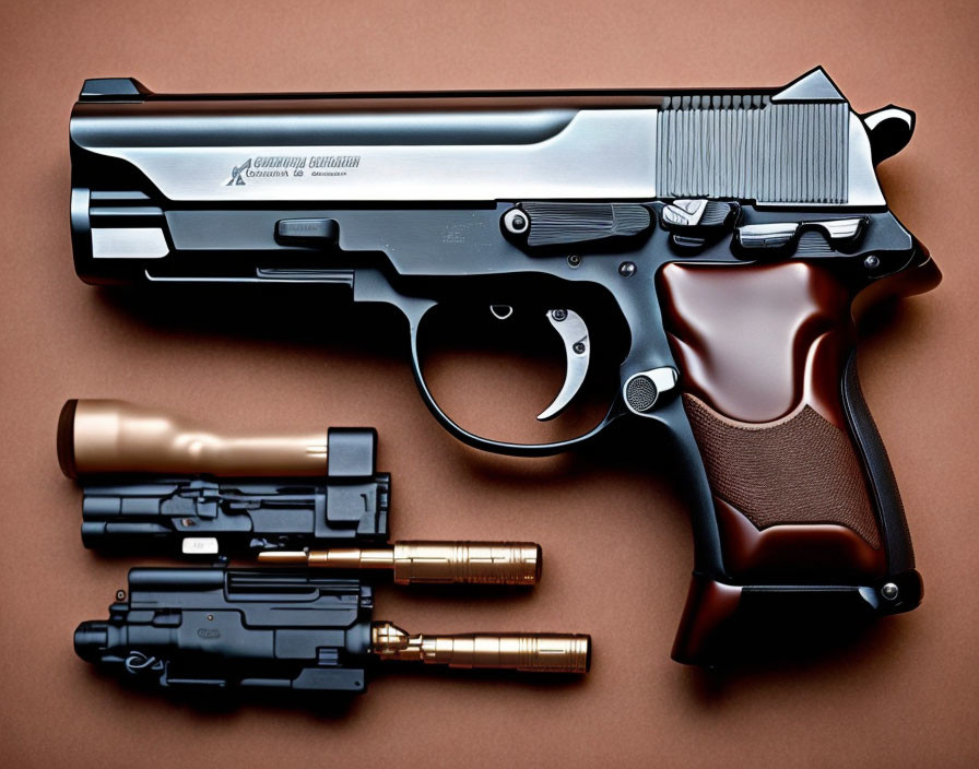 Silver semi-automatic pistol with wooden grip and disassembled magazine parts on brown surface