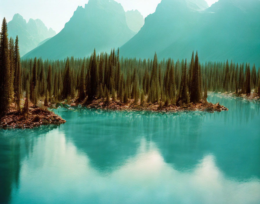 Tranquil Turquoise Lake, Pine Trees, Misty Mountains