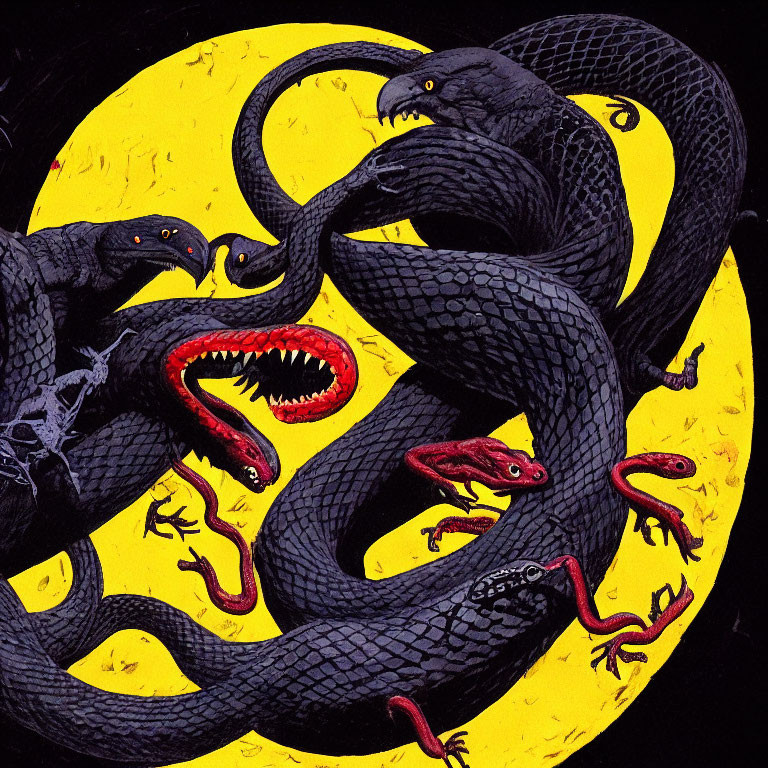 Black snakes with red tongues on yellow backdrop, red lizards contrasted.