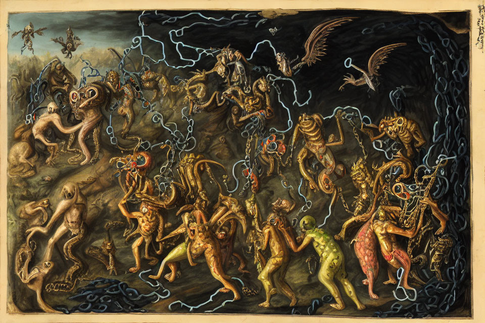 Surreal dark art: Monsters and myths in chains under stormy sky