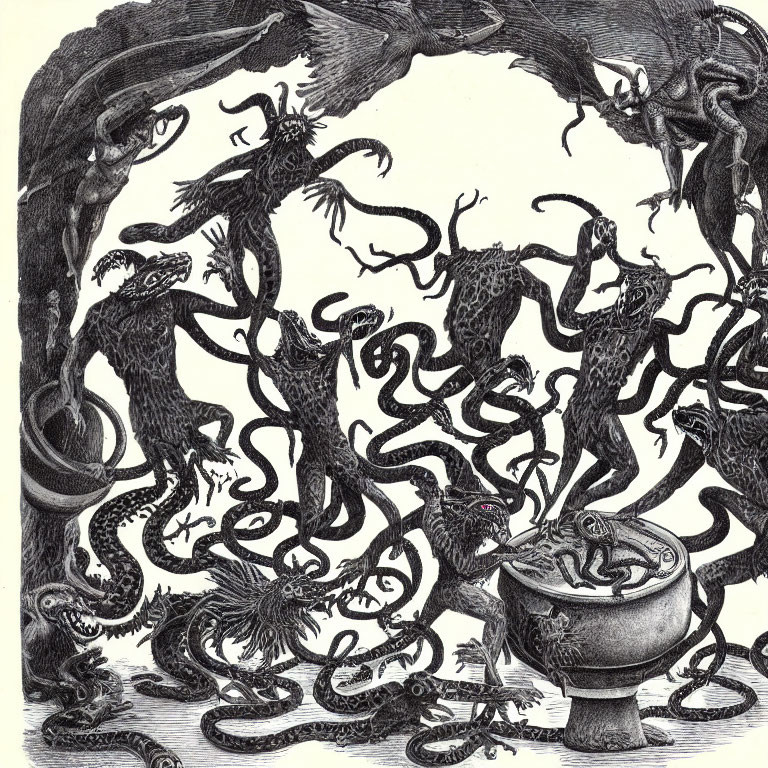 Detailed black-and-white dragon illustration with cauldron