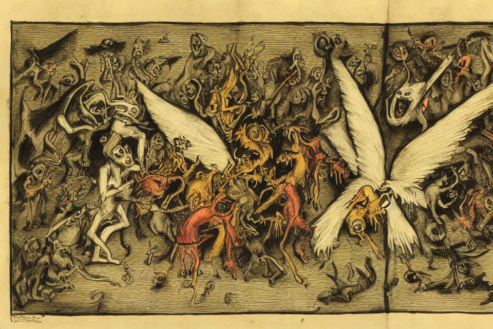 Detailed fantasy etching with winged creatures and bizarre beings