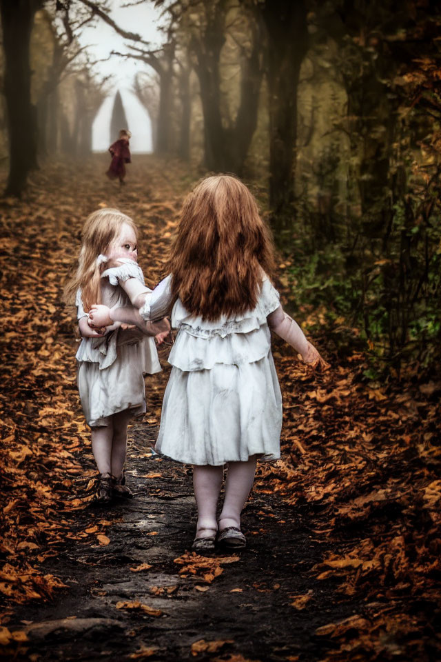 Young girls in white dresses holding hands on misty path with distant silhouette