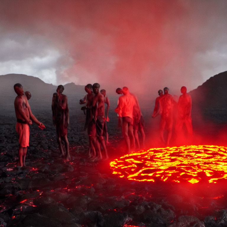 Group of people near active lava flow at twilight with smoke and red glow