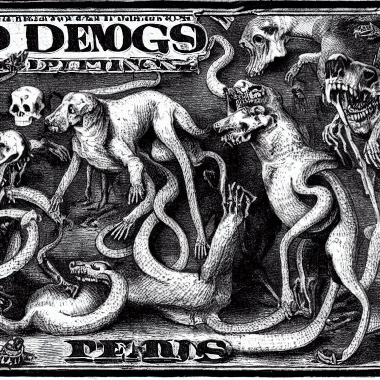 Etching of Canine-Headed Creatures with Serpentine Bodies and Gothic Lettering