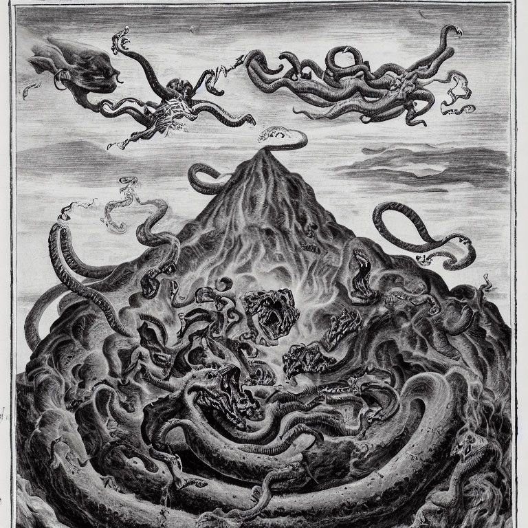 Monochrome etching of serpentine creatures in chaotic sea around volcanic island