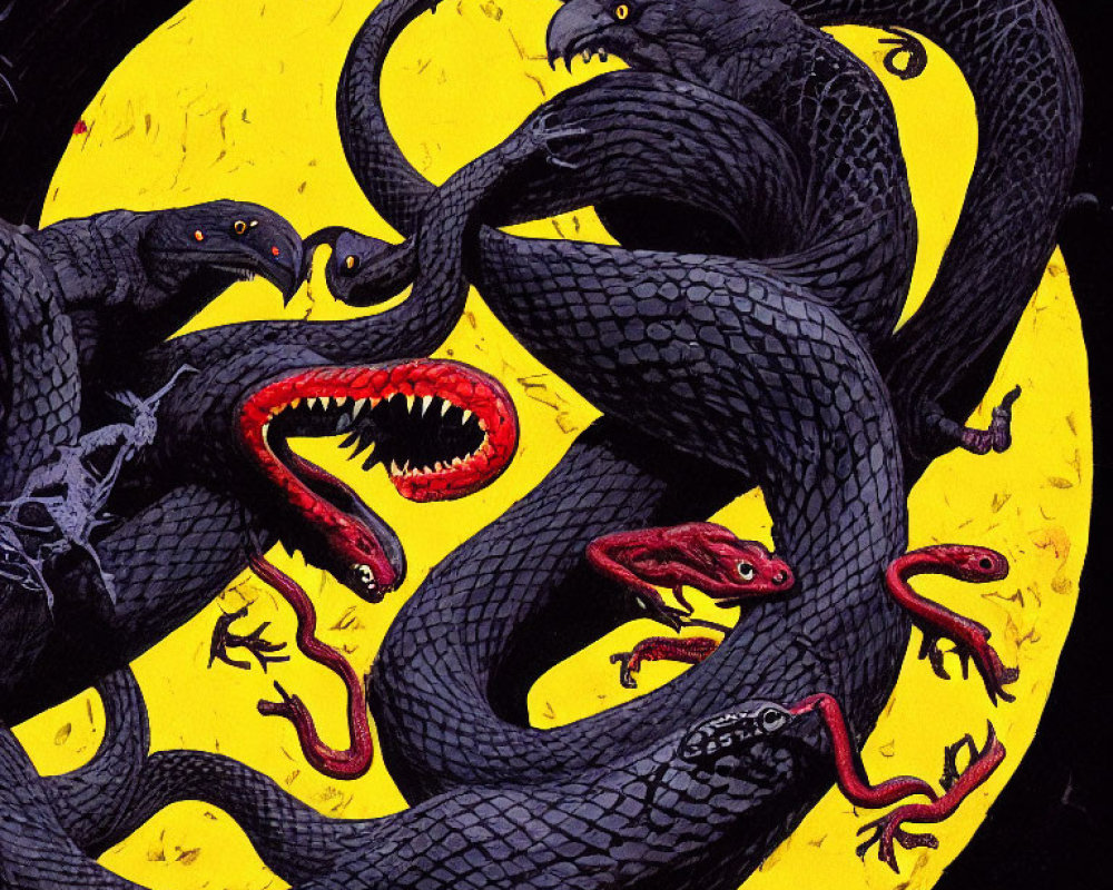 Black snakes with red tongues on yellow backdrop, red lizards contrasted.