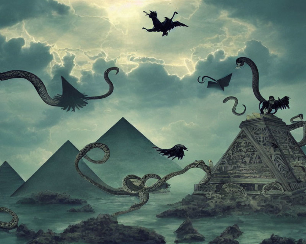 Fantasy scene: flying dragons, octopus, pyramids, stormy sky