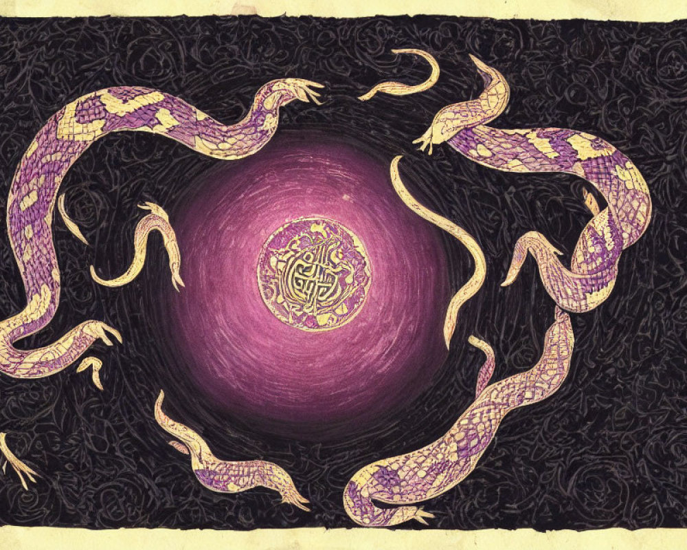 Intricate Purple and Gold Serpents Emerging from Swirling Vortex