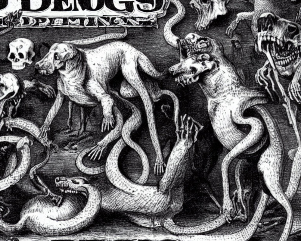 Etching of Canine-Headed Creatures with Serpentine Bodies and Gothic Lettering