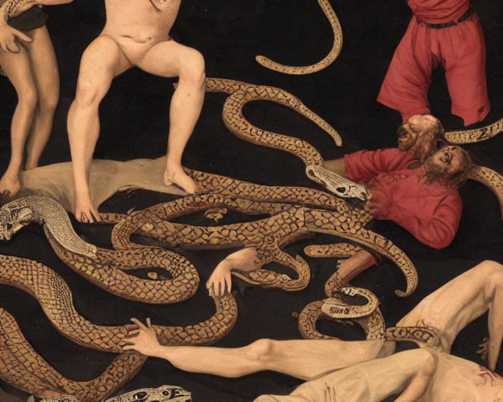 Artwork: Four human figures surrounded by large serpents, showing fear and pain.