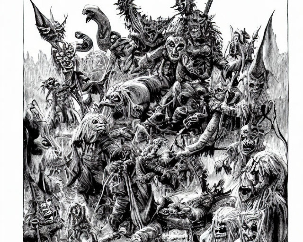 Detailed Black-and-White Illustration of Chaotic Fantasy Battle