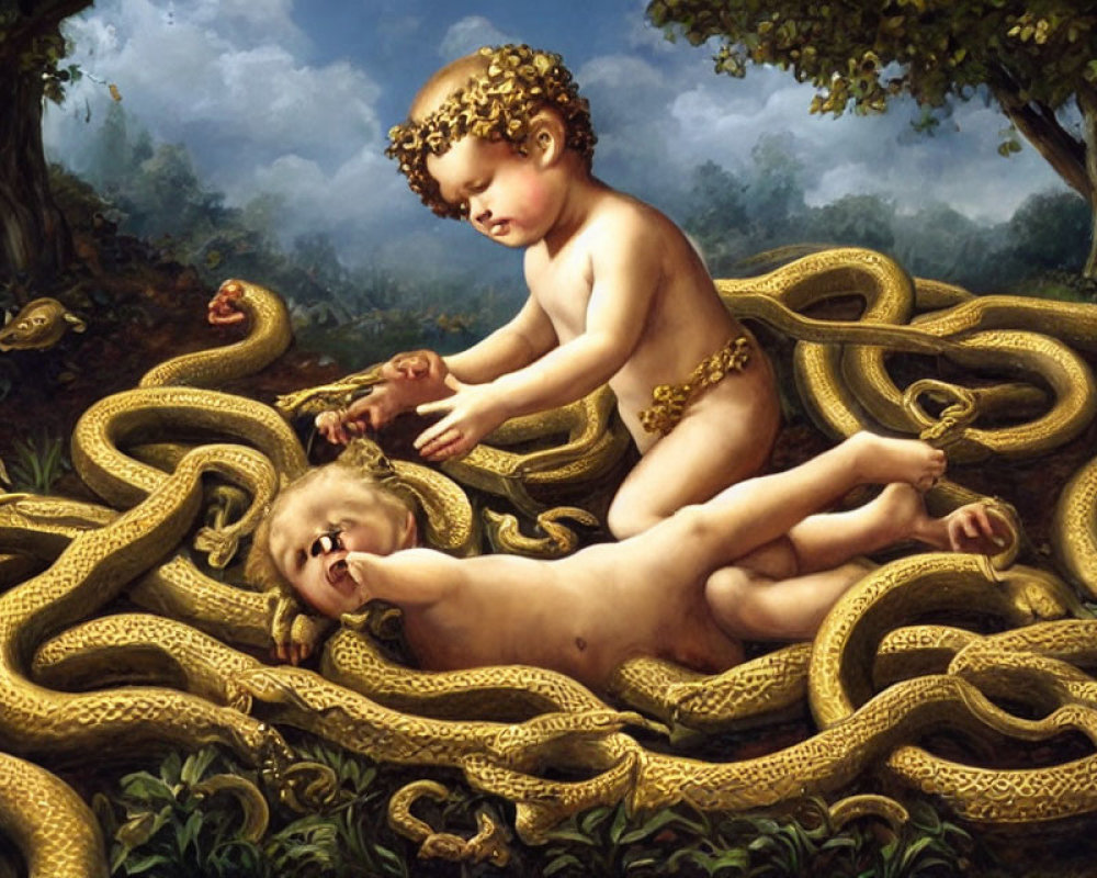 Cherubic child with golden laurel and serpents in oil painting