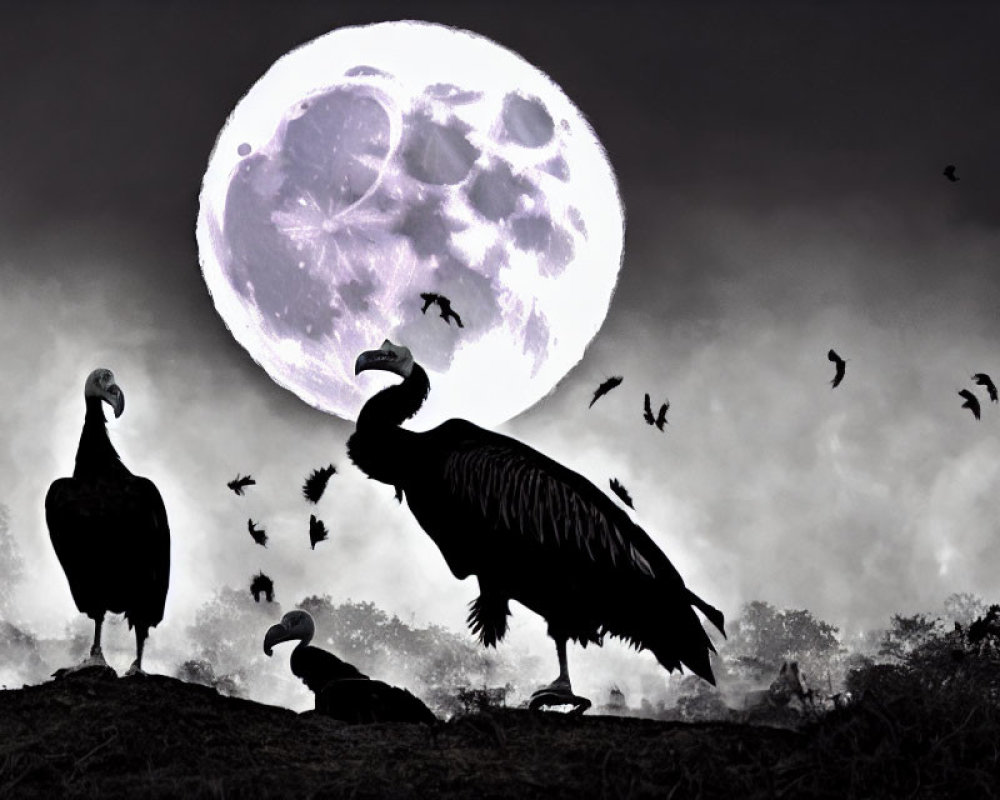 Monochrome image of vultures under detailed moon and flying birds in misty backdrop