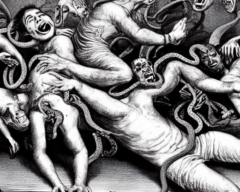 Monochrome chaotic scene with distressed human figures and serpentine creatures